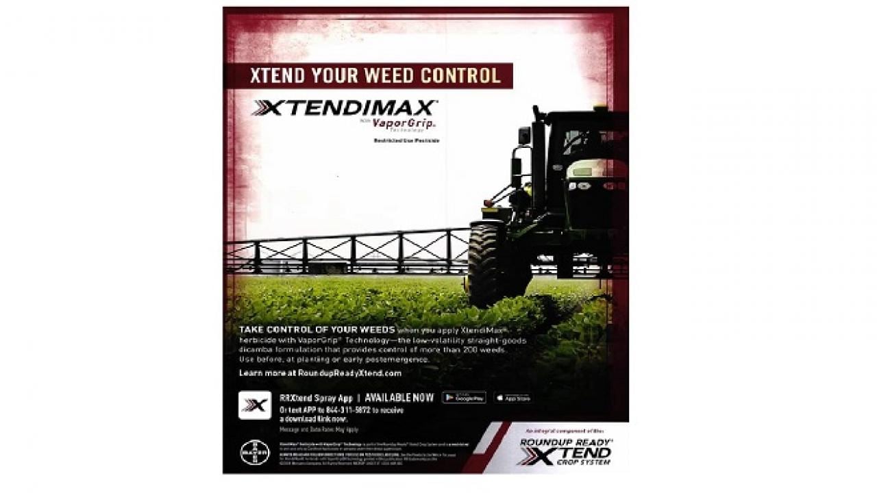 Advertisement for XtendiMax herbicide featuring a tractor spraying crops in a field with text detailing weed control benefits and product information.