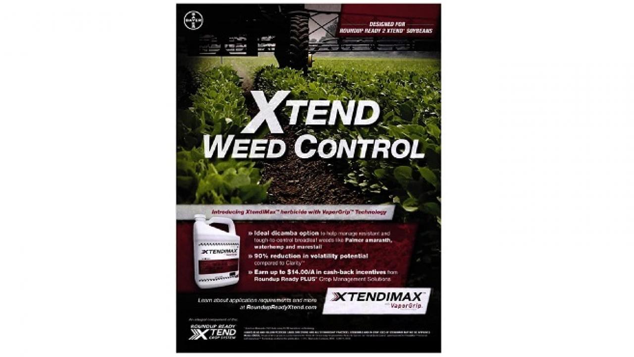 Advertisement for XtendiMax Weed Control, featuring a field with crops and a product bottle. Text highlights the herbicide's benefits and technology.
