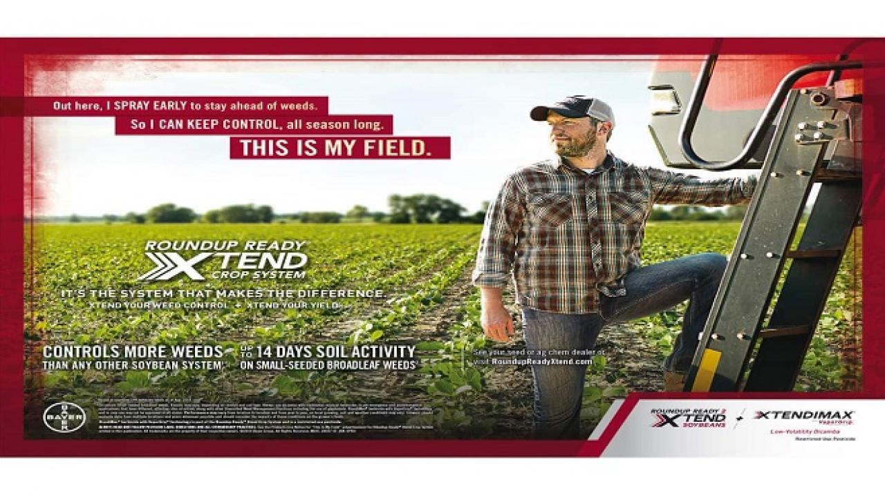 An advertisement for Roundup Ready Xtend Crop System shows a farmer standing beside a soybean field. Text emphasizes weed control and solactivity as key features.