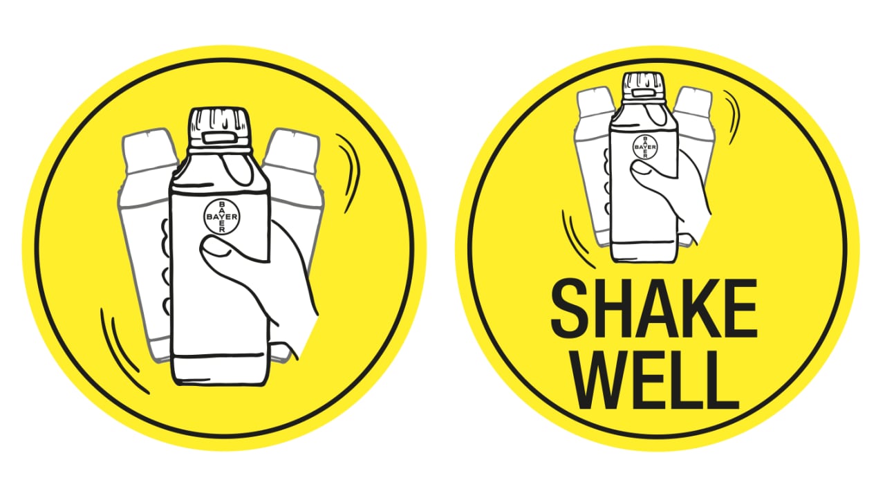 Illustration of a hand shaking a bottle on a yellow background with the text "SHAKE WELL" emphasized.