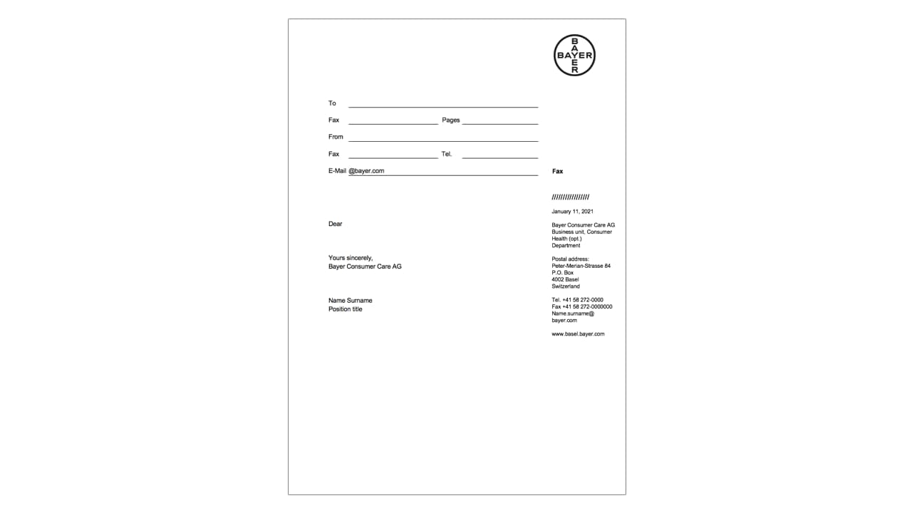 A blank letter template with Bayer Consumer Care AG logo, spaces for recipient details, and sender contact information on the right.
