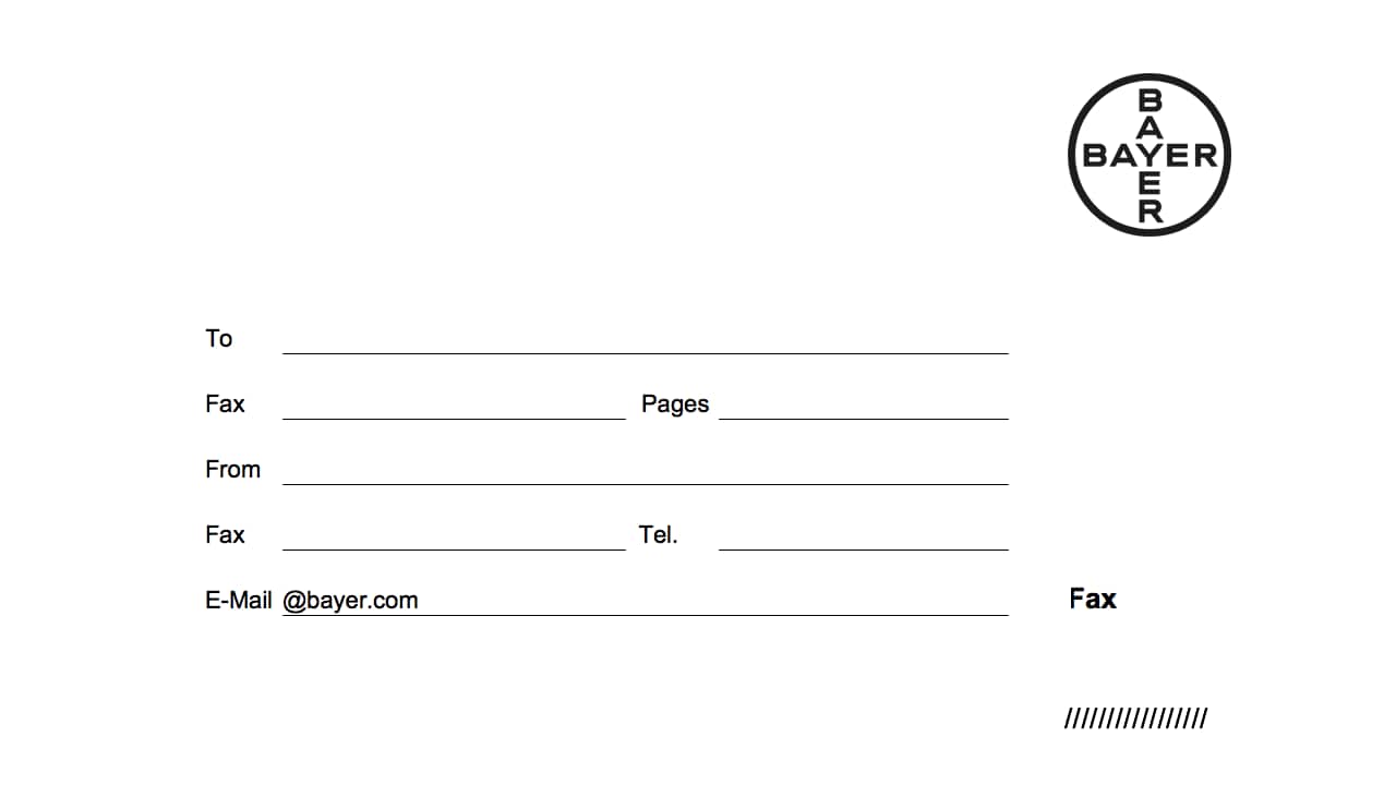 A fax cover sheet template with spaces for recipient, sender, fax numbers, email, and page count. Includes the Bayer logo in the top-right corner.