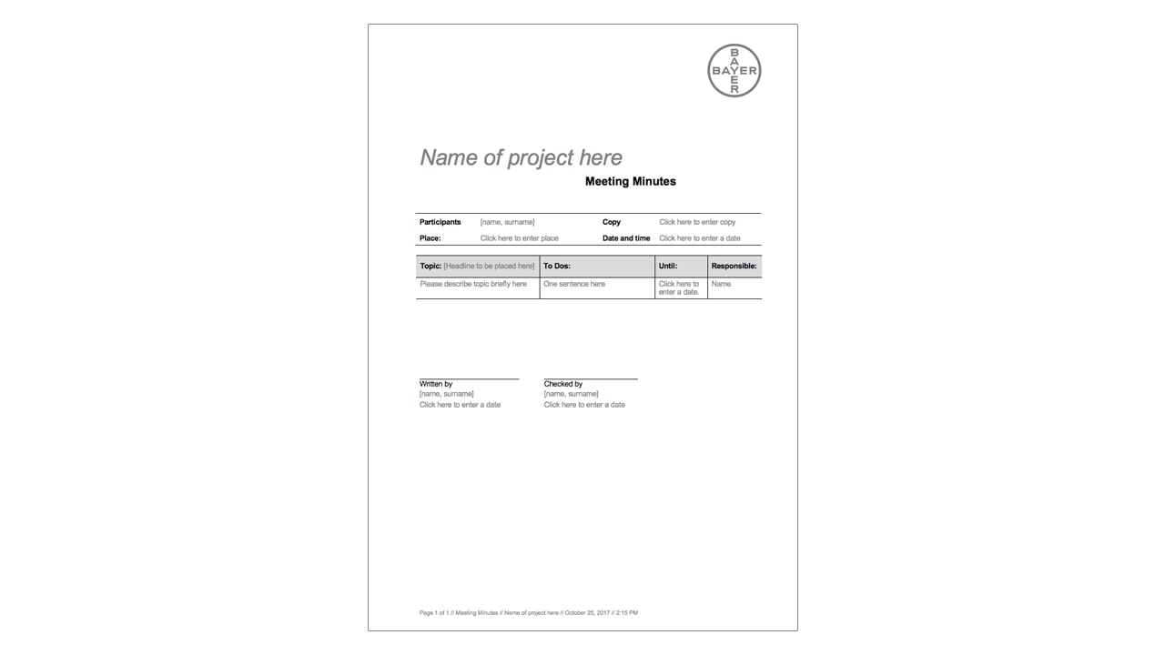Template of meeting minutes featuring sections for project name, participants, topic, due date, and responsible person. Placeholder text is used alongside the Bayer logo at the top right.