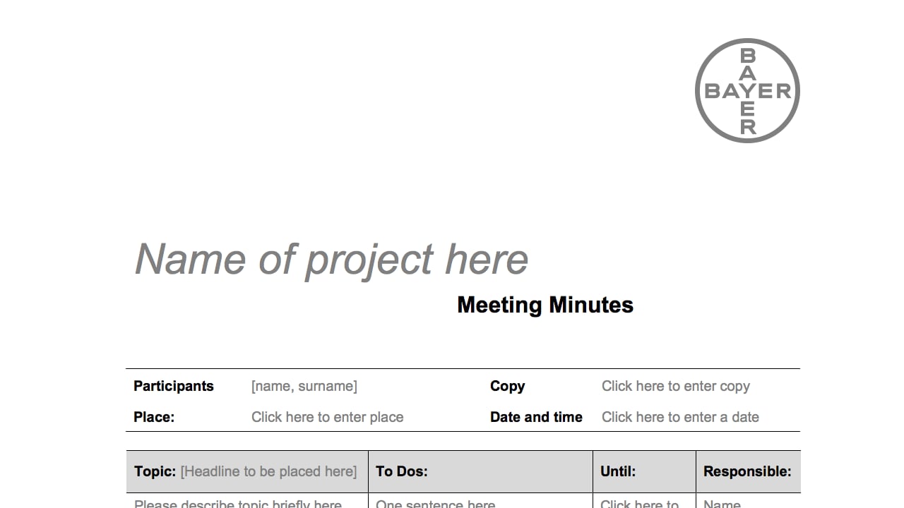 Template for meeting minutes with fields for project name, participants, place, date and time, topic, to-dos, and responsible person, featuring Bayer logo.