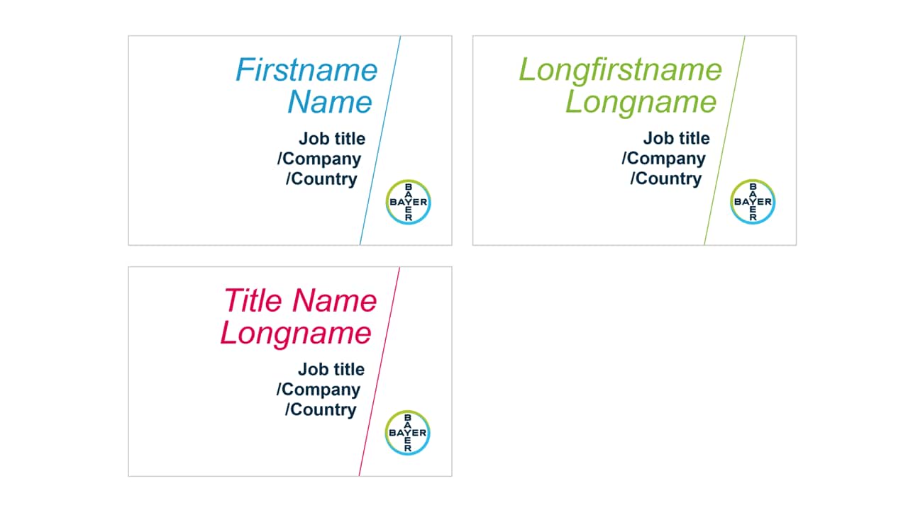 Three Bayer business card templates with placeholders for name, job title, company, and country in different colors and formats.