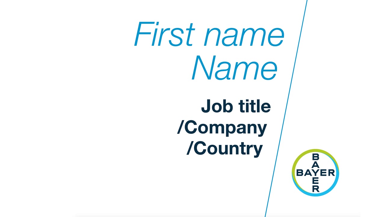 Text on a white background: "First name Name, Job title, Company, Country." Bayer logo in the bottom right corner.