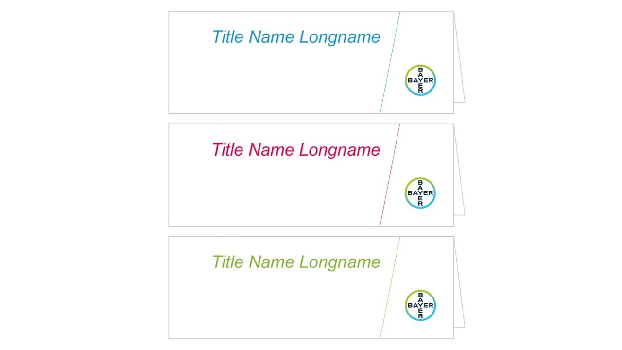 Three name card templates with "Title Name Longname" in blue, red, and green text, featuring the Bayer logo on the right side.