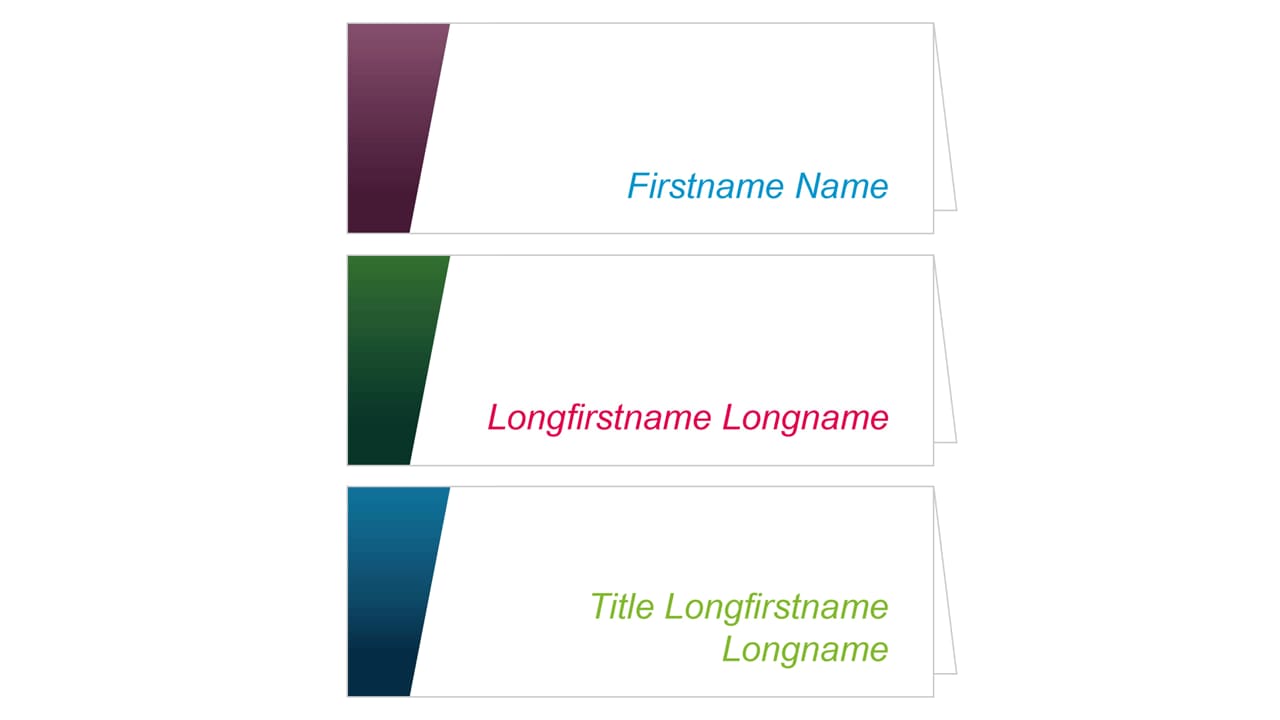 Three namecards with different color schemes displaying generic names: "Firstname Name," "Longfirstname Longname," and "Title Longfirstname Longname.