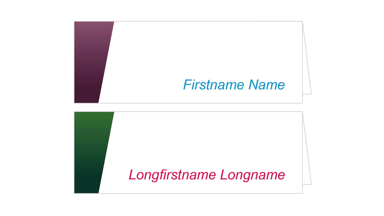 Two table name tents: the top with "Firstname Name" in blue text on a white background with a purple gradient border, and the bottom with "Longfirstname Longname" in red text with a green gradient border.