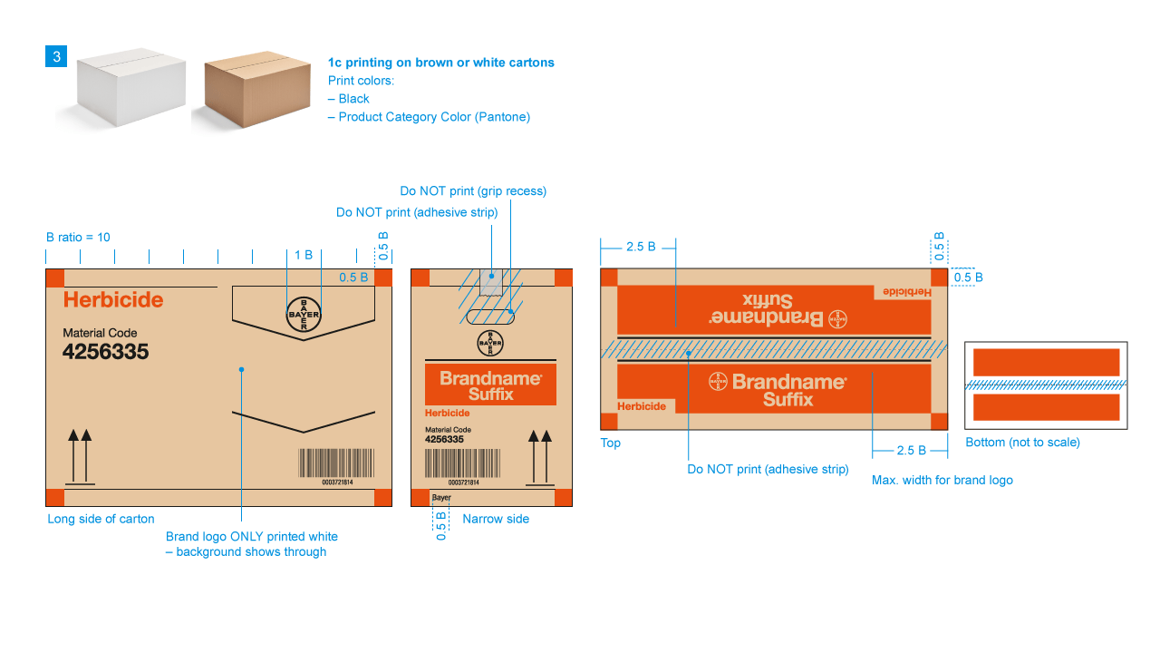 Herbicide packaging layout with detailed dimensions, color options, and printing instructions for carton assembly. Includes reserve area for branding and important labels.