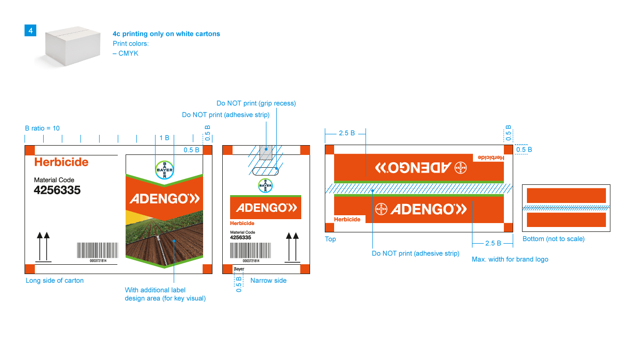 Herbicide packaging design with branding, barcode, instructions, and color print specifications on a white carton layout.