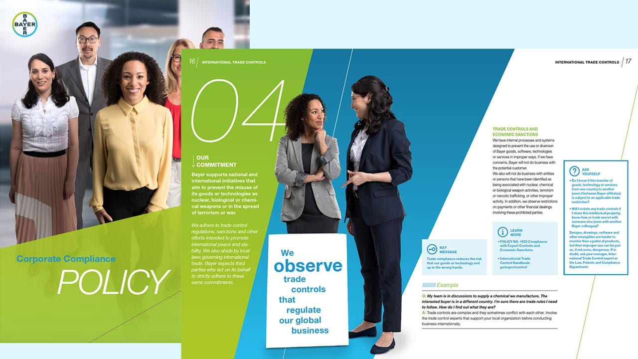 Corporate compliance policy brochure with diverse professionals and text discussing international trade controls and regulations.