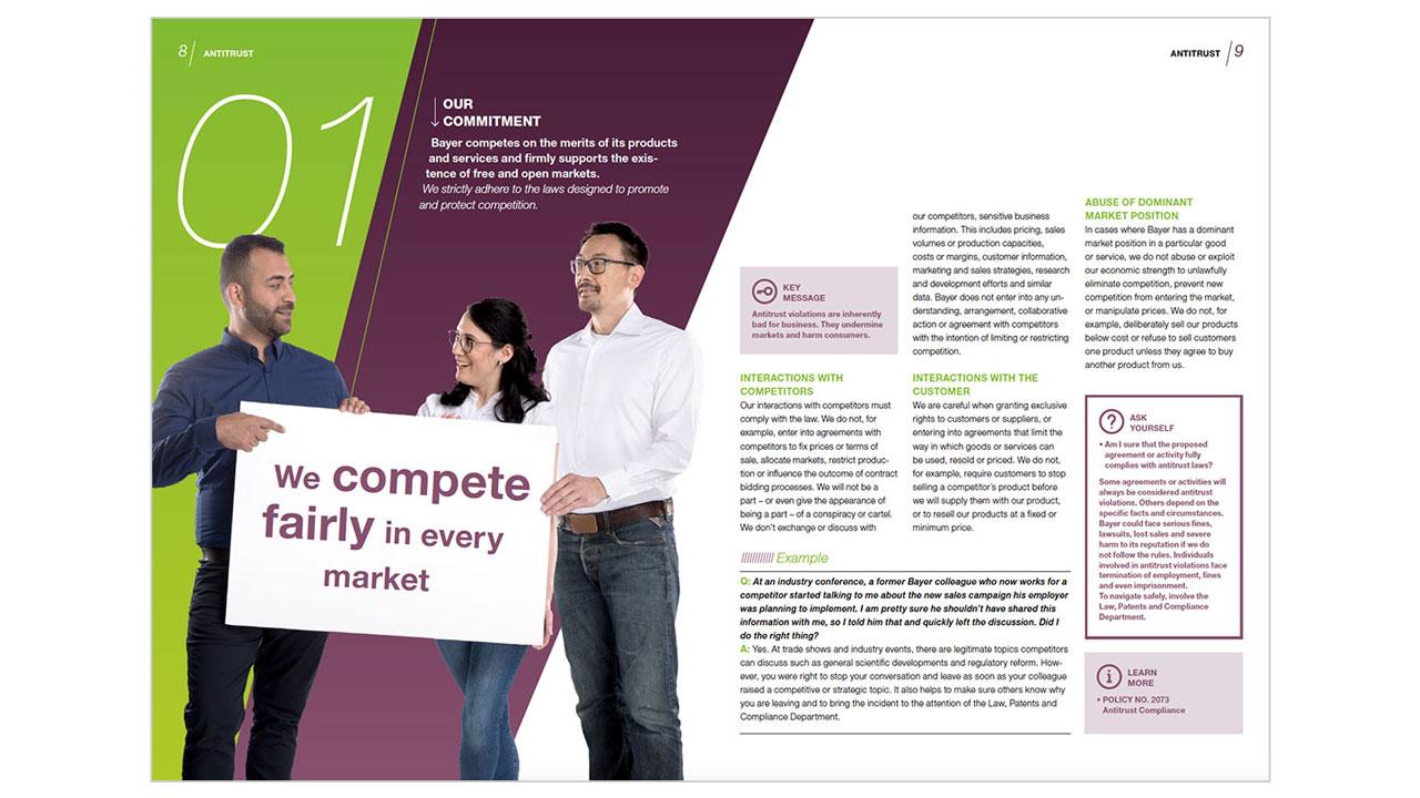 Three individuals stand together, with two of them holding a sign that reads, "We compete fairly in every market." Text about company commitment and policies is on the right side.