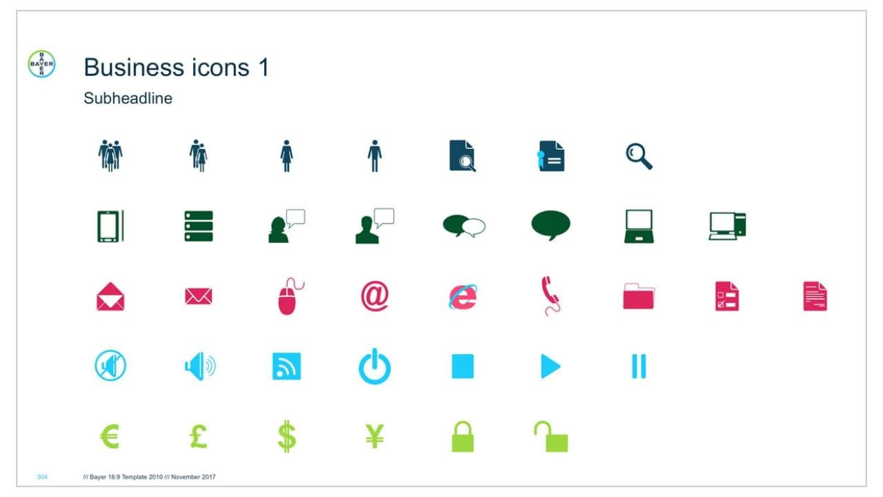 A collection of business-related icons, including people, communication tools, documents, and currency symbols, displayed in green, blue, and pink.