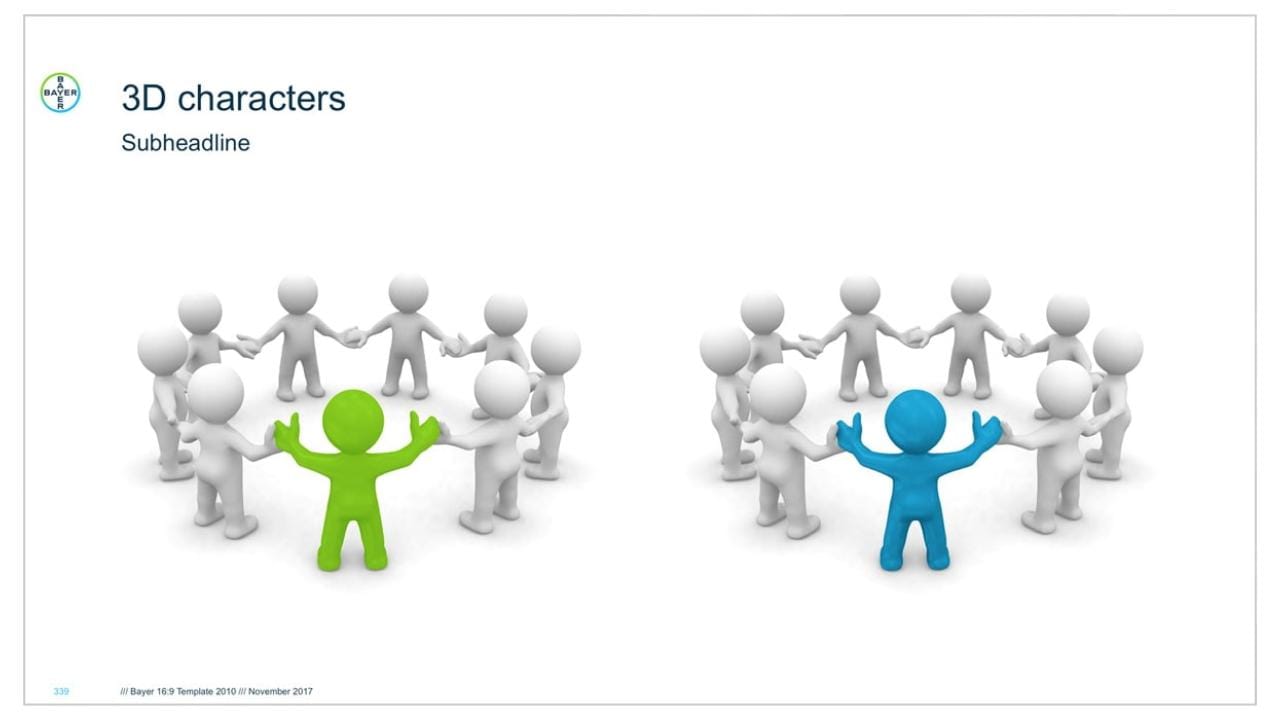 Two groups of 3D stick figures, one with a green figure and the other with a blue figure, stand in circles holding hands.