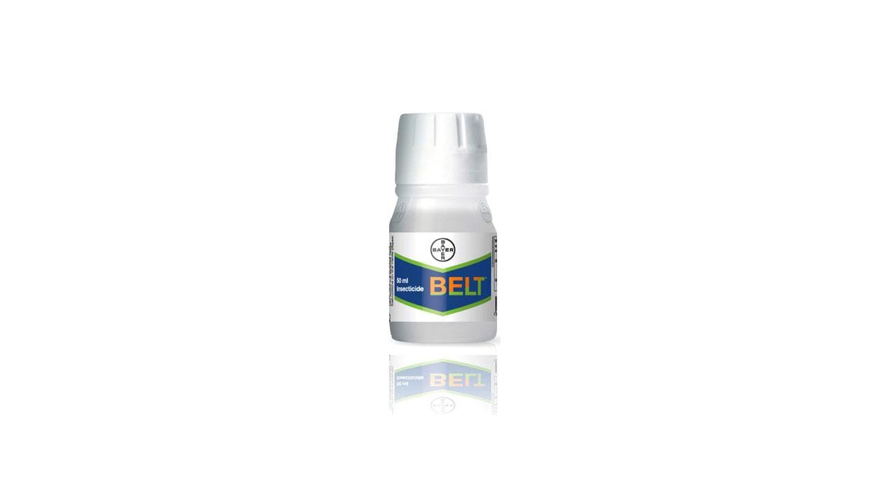 Small bottle of Belt insecticide on a white background.