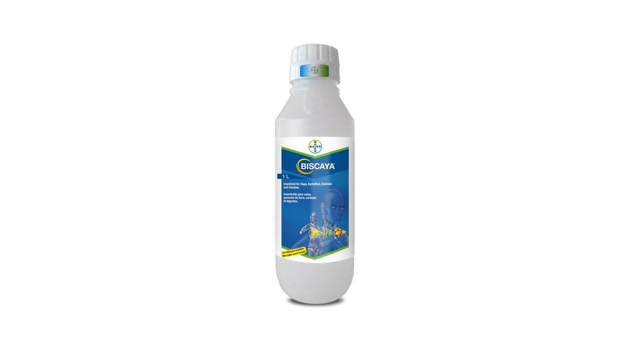 A white bottle with a blue label featuring the word "Biscaya." The label includes an image of a plant and insects. The cap is white and blue.
