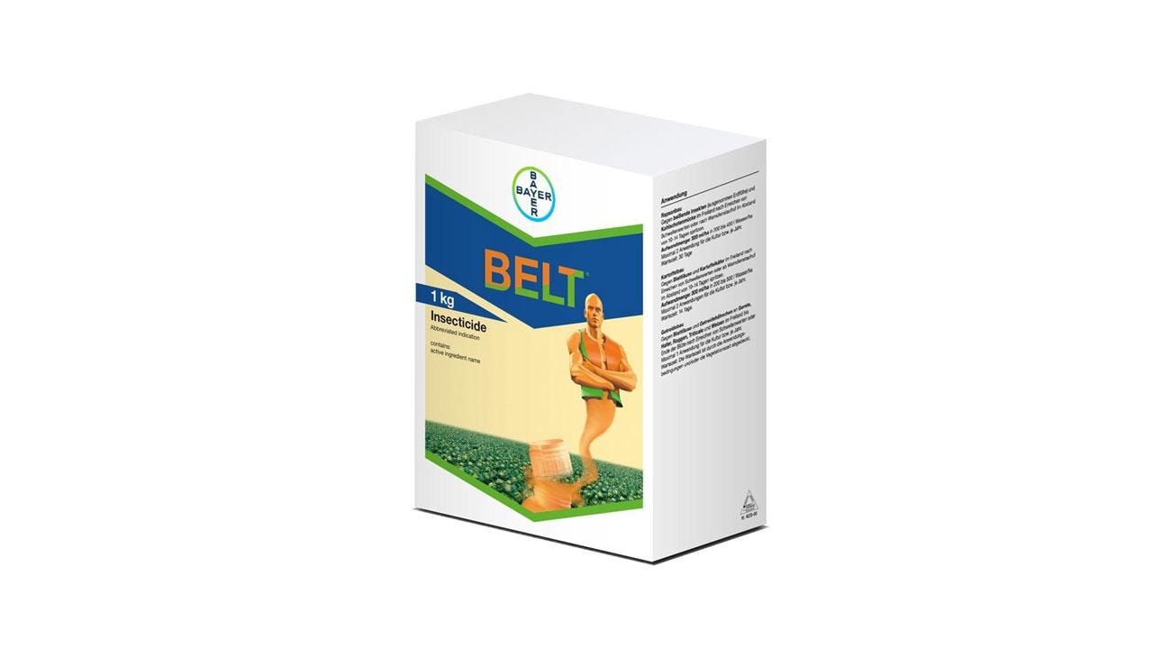 Packaging of "Belt" insecticide, featuring a logo and an image of a person in an agricultural field.