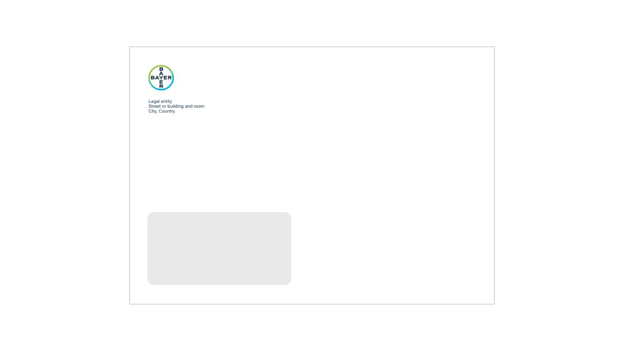 An envelope with the Bayer logo in the top left corner, including address placeholders.