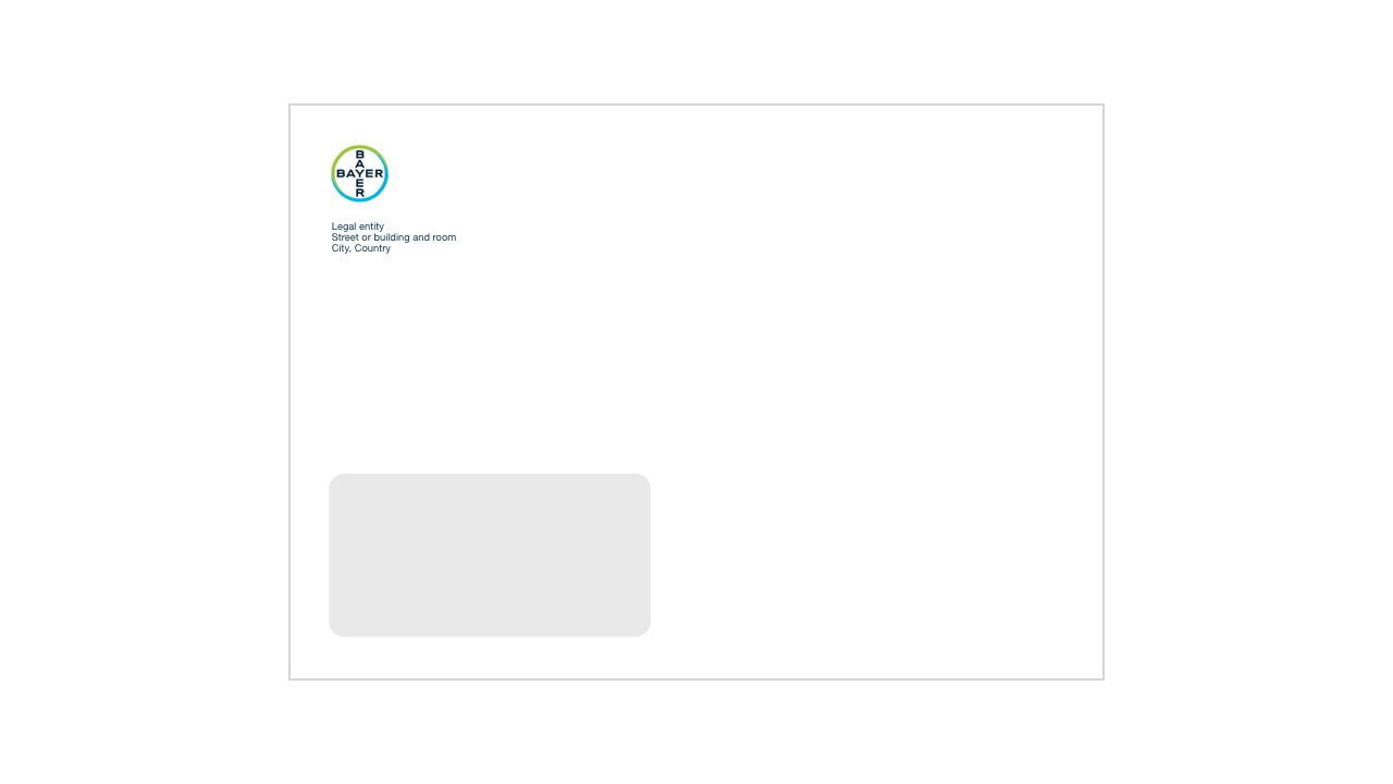 An envelope with the Bayer logo in the top left corner, including address placeholders.