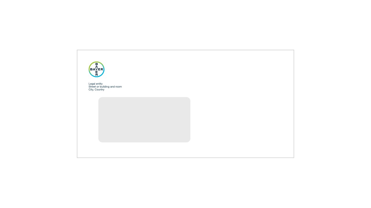 White envelope with a Bayer logo in the top left corner and a window in the center. Contains placeholder text for legal entity, street, city, and country details.