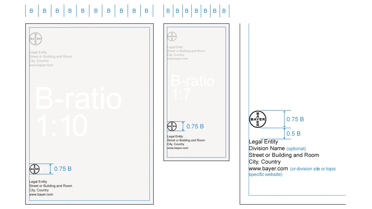 Design layout displaying B-ratio templates with dimensions and placeholders for legal entity information and a Bayer logo.