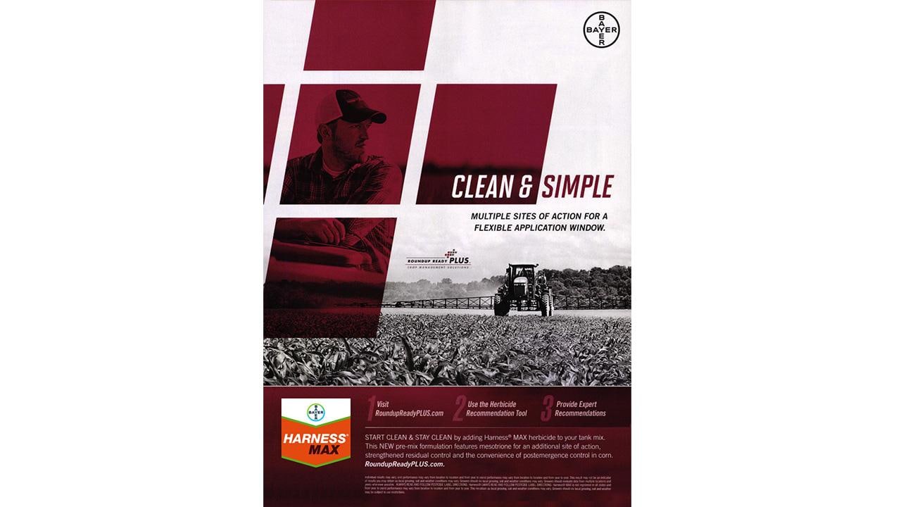 Advertisement featuring a farmer and tractor in a field with text promoting "Harness Max" for effective agricultural application.