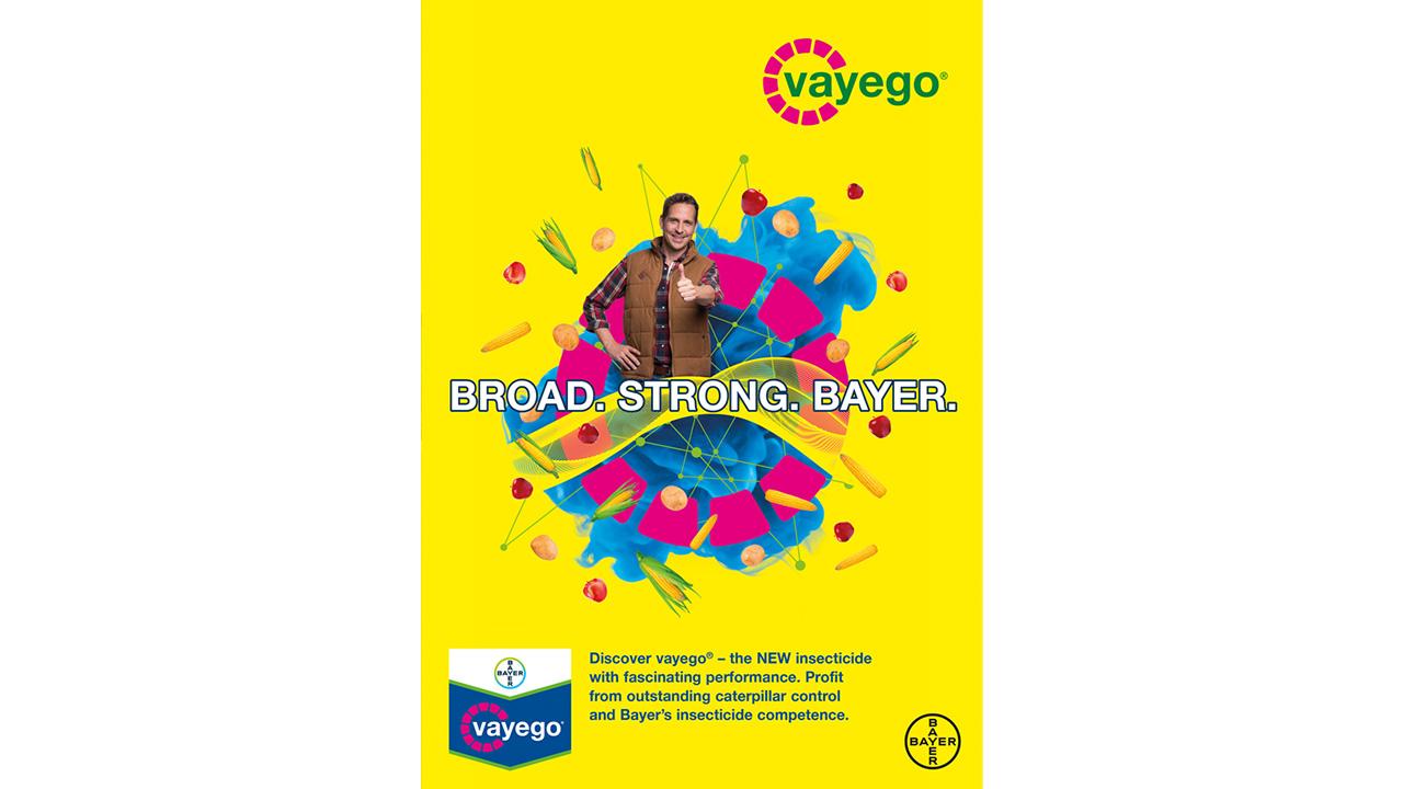 Vayego advertisement featuring a person on a vibrant background with text: "BROAD. STRONG. BAYER." Promotes insecticide benefits for caterpillar control.