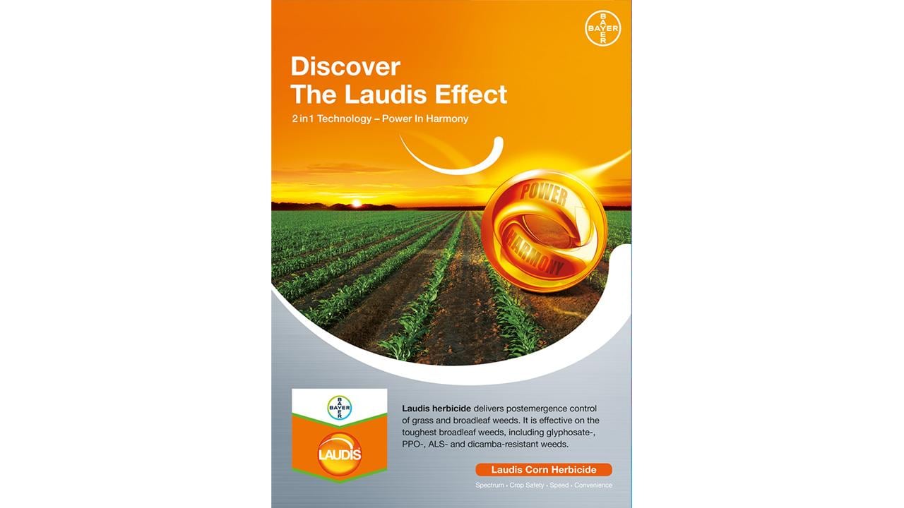 Promotional image for Laudis herbicide with an agricultural field at sunset, highlighting "Power in Harmony" and "2-in-1 Technology." The product is effective on broadleaf weeds.