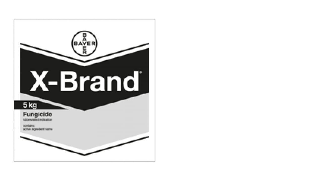 Packaging for X-Brand fungicide with Bayer logo. The label indicates a weight of 5 kg and highlights the active ingredient.