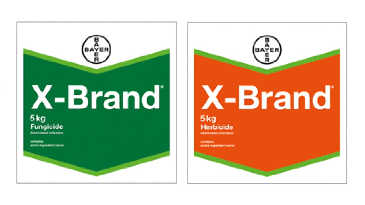 Packaging for X-Brand, showing two products: a 5 kg fungicide with a green background and a 5 kg herbicide with an orange background.