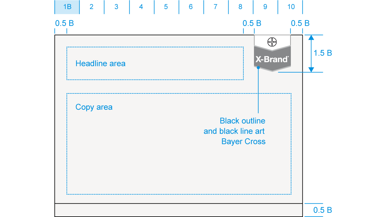 Diagram illustrating a layout guide for an ad, featuring sections for a headline, copy area, and brand logo with specified measurements.