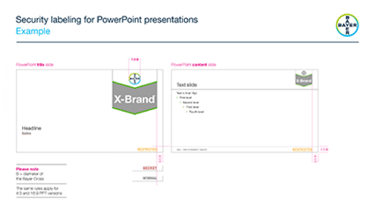 Security labeling template for PowerPoint presentations, showing title slide and content slide layouts with X-Brand logo and text placement.