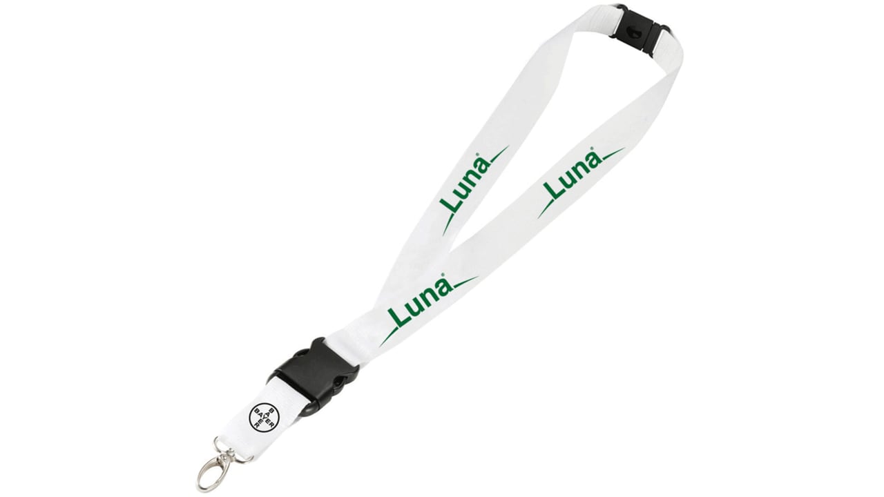 A white lanyard with "Luna" printed in green text, featuring a black plastic clip and a metal hook attachment.
