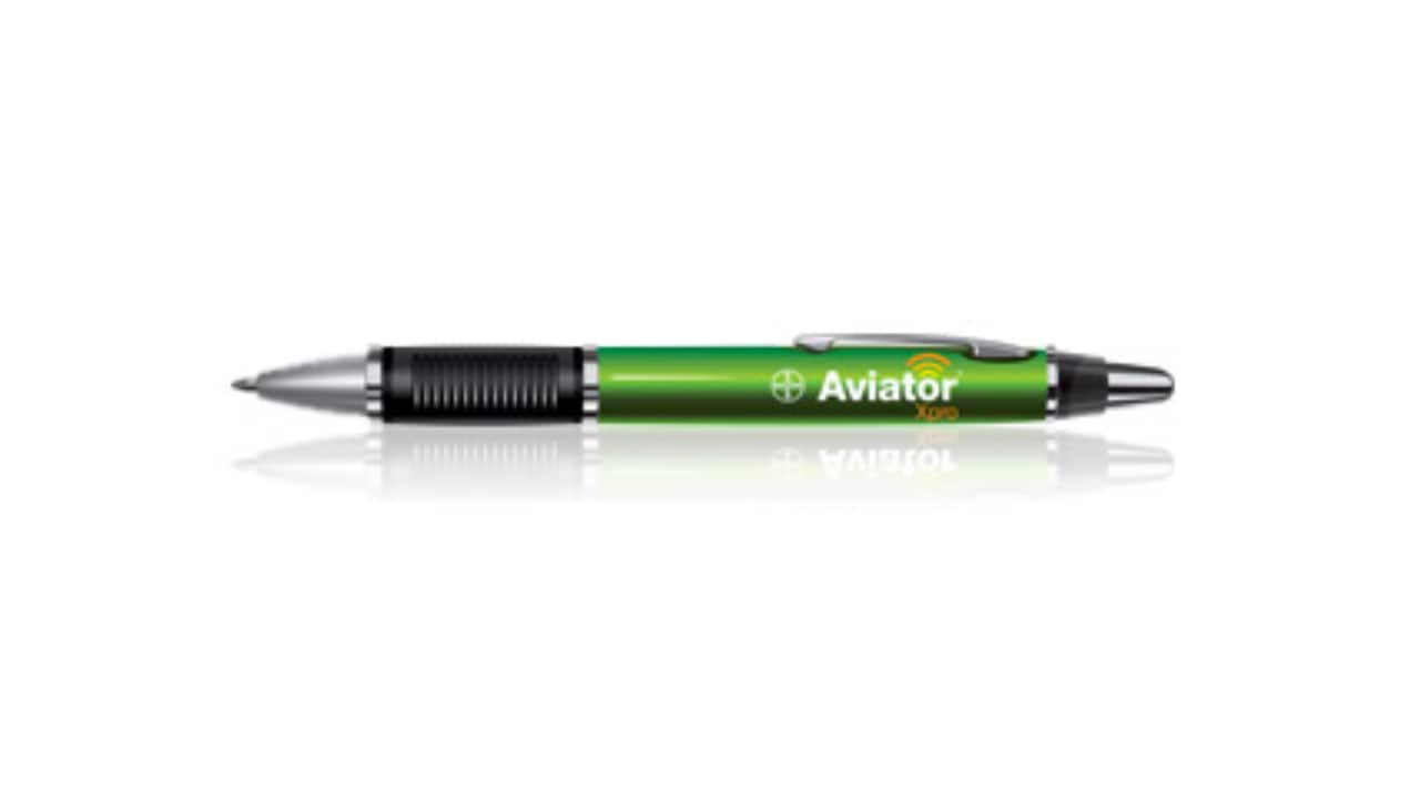 A green Aviator X900 pen with a metallic tip, black grip, and a clip on the cap, set against a white background.