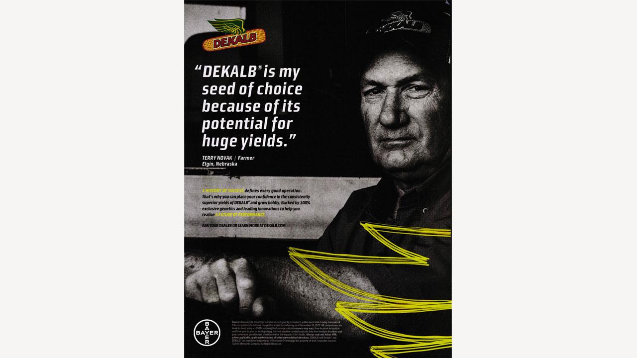 Black and white ad featuring a farmer endorsing DEKALB seeds for their high yield potential. Yellow graphic accents and Bayer Crop Science logo included.