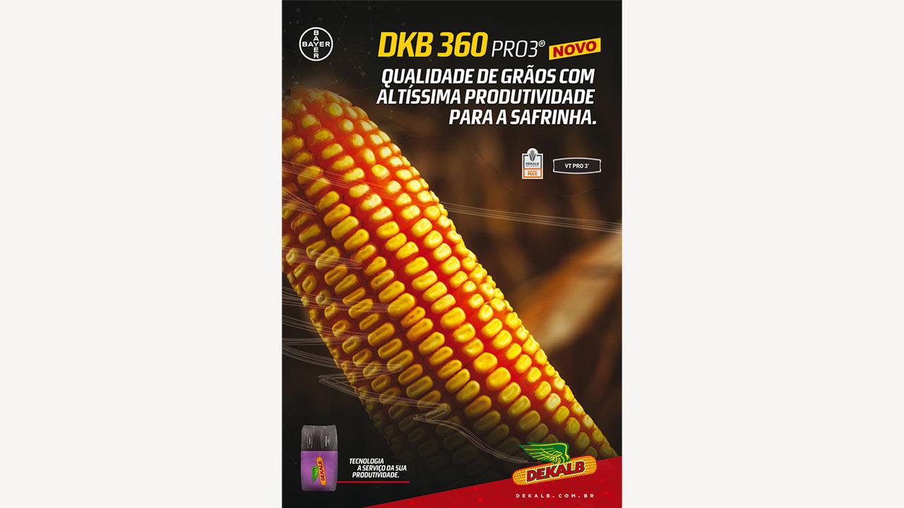 Close-up of a corn cob with text promoting DKB 360 PRO3, highlighting grain quality and productivity. The Dekalb logo is visible at the bottom.