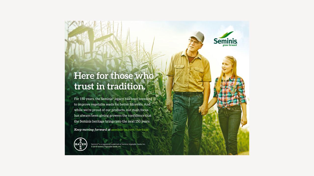 A farmer and a young woman walk through a cornfield. The text highlights Seminis' commitment to improving vegetable seeds for 150 years with a focus on tradition.