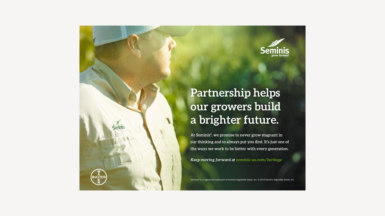 Person in cap and shirt standing in a field, looking toward crops. Text reads: "Partnership helps our growers build a brighter future. Seminis logo visible.