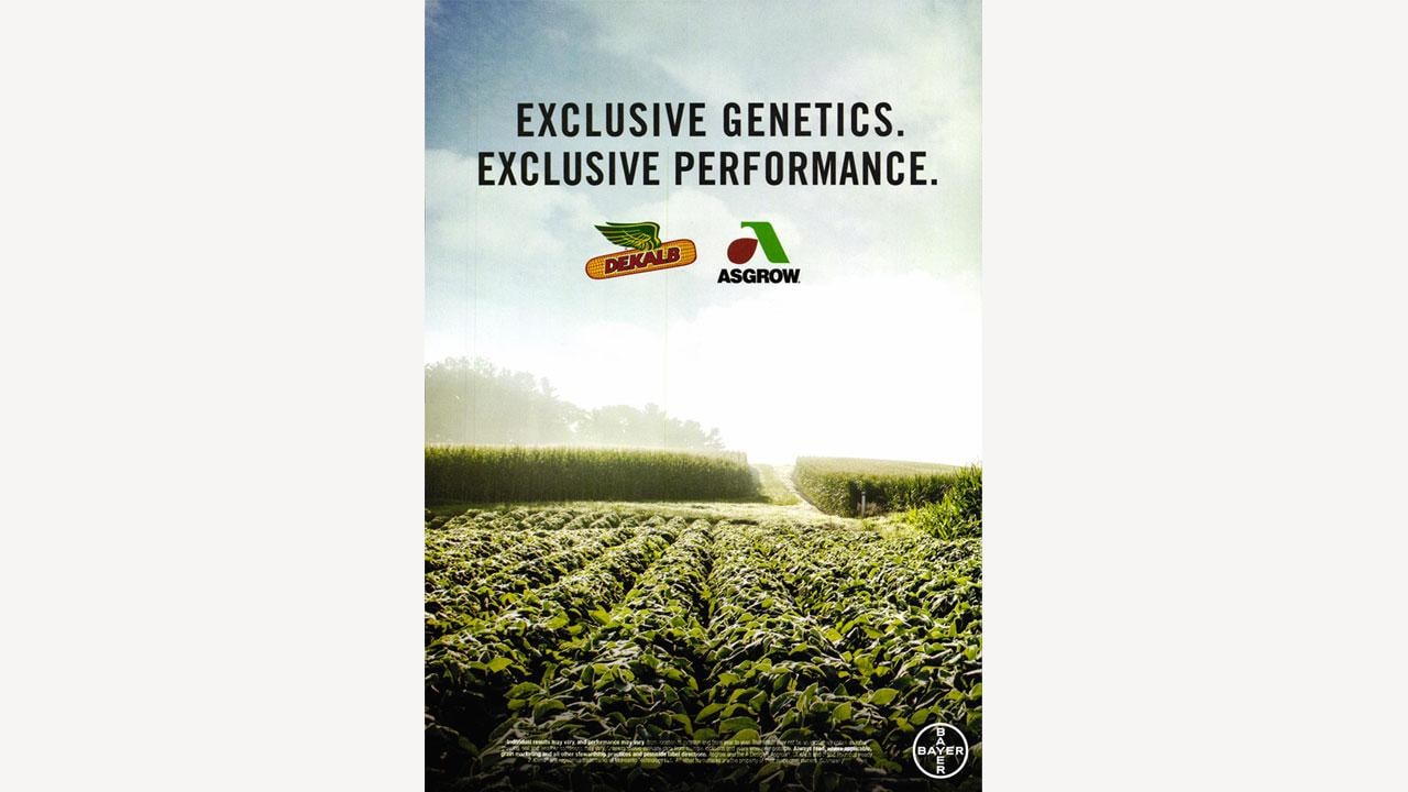 Field of crops with two logos and the text "Exclusive Genetics. Exclusive Performance.