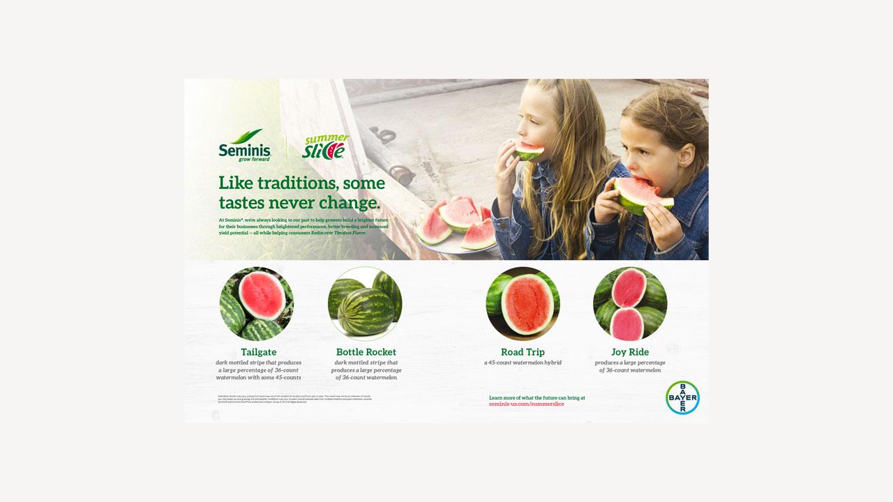 Two kids eating watermelon slices above images of four different watermelon varieties with descriptions: Tailgate, Bottle Rocket, Road Trip, Joy Ride. Text reads "Like traditions, some tastes never change.