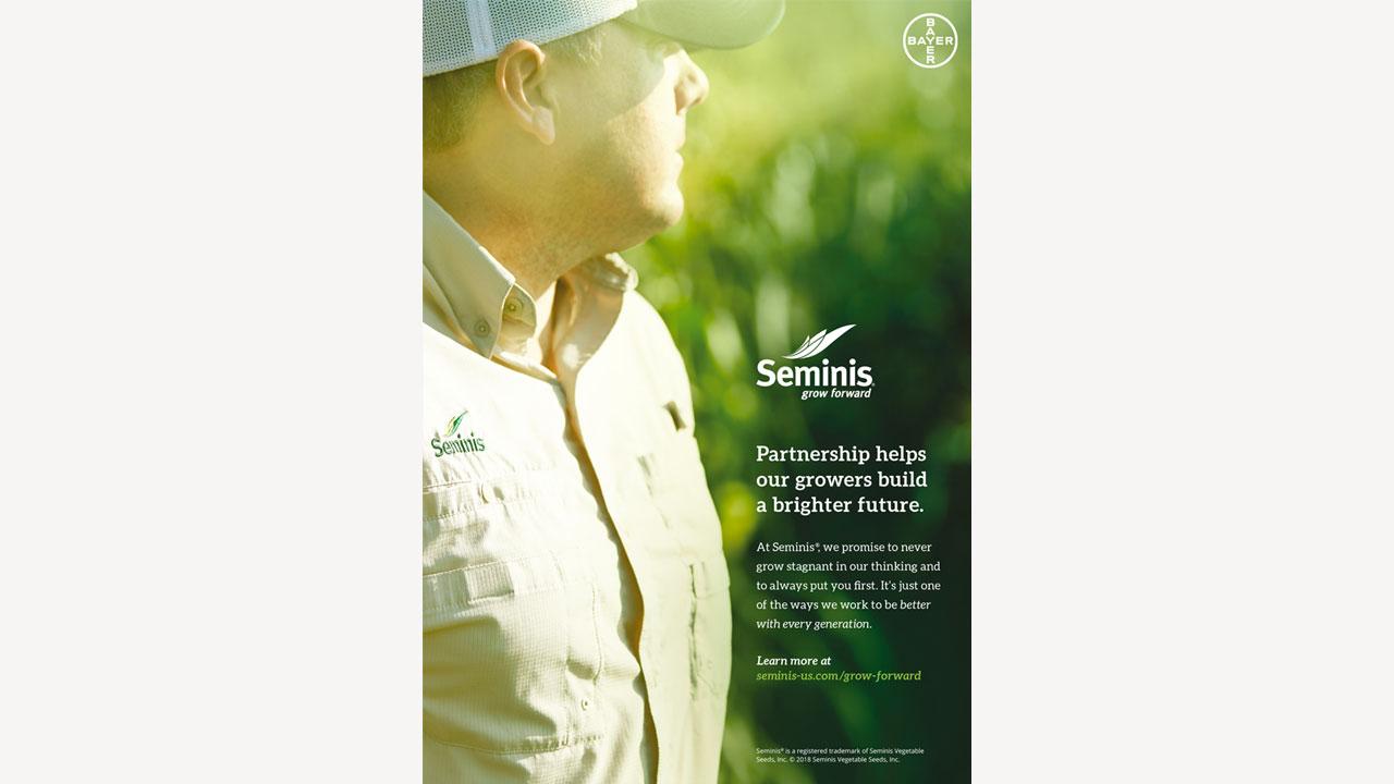 Advertisement featuring a person in a field, wearing a cap and shirt with the Seminis logo. Text highlights a partnership with growers and includes a call to action to learn more.