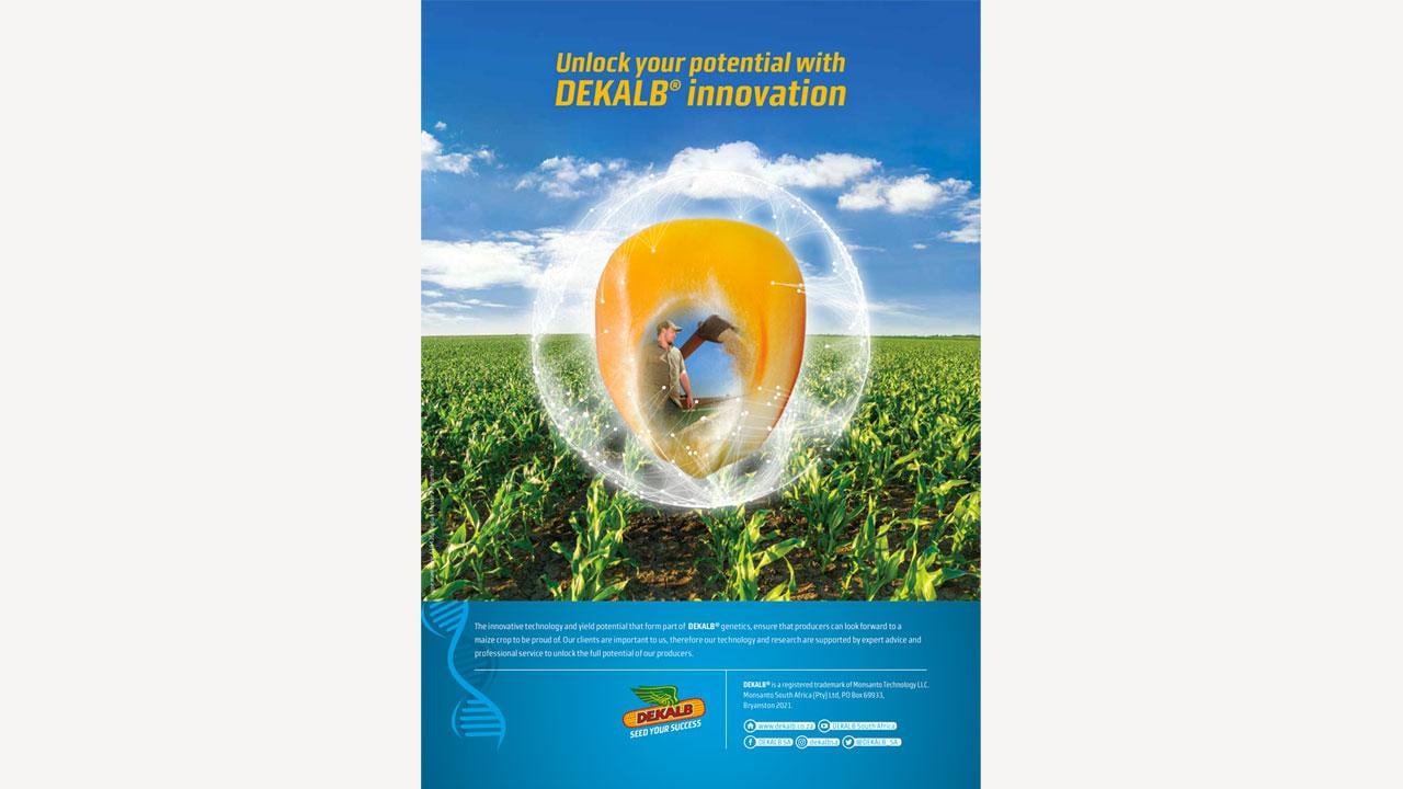An illustrated ad for DEKALB features a cornfield with a transparent corn kernel enclosing a person, highlighting innovation in agriculture.
