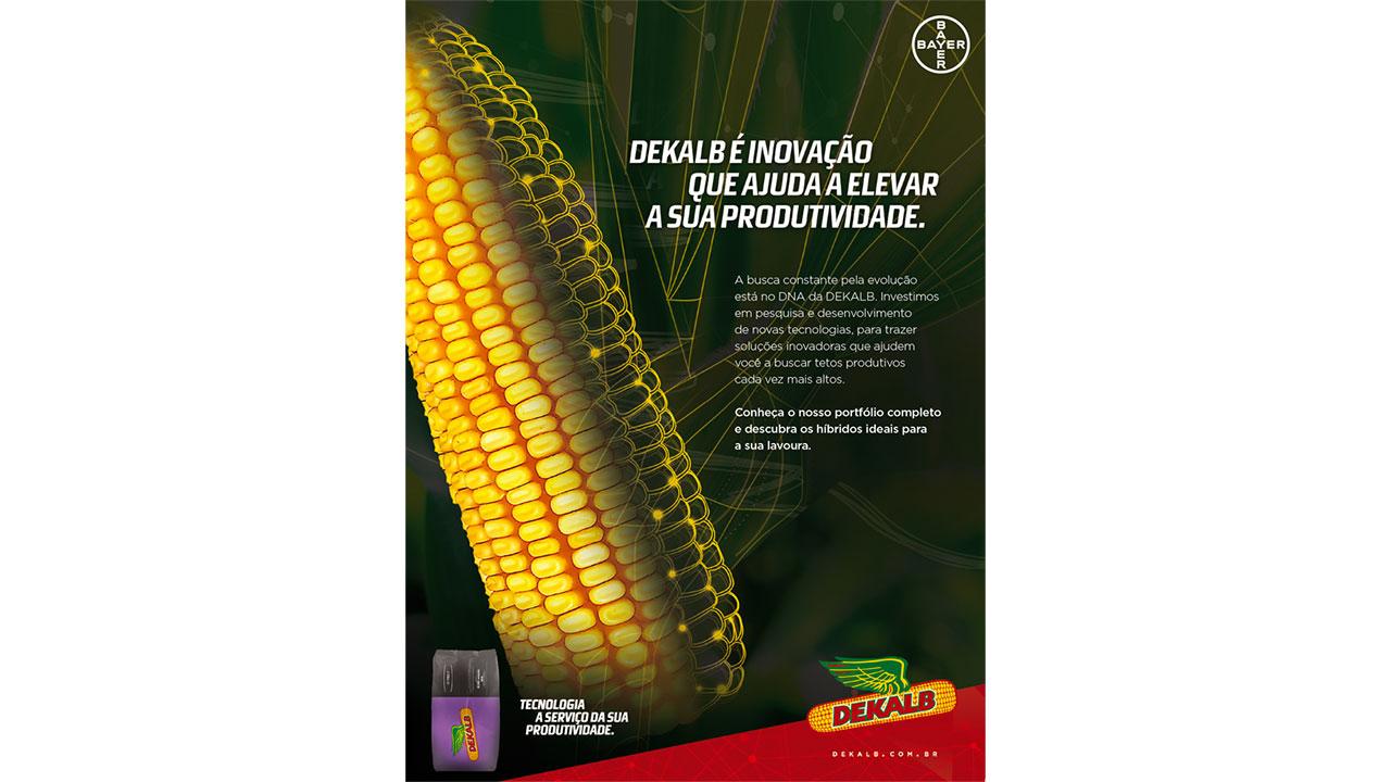 Close-up of a corn ear against a green background with text promoting Dekalb's agricultural technology and productivity benefits.
