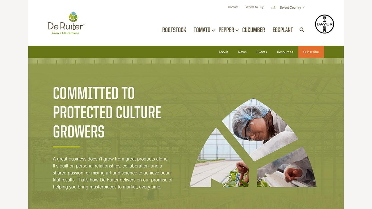 Screenshot of the De Ruiter website, featuring a banner image of a person inspecting plants in a greenhouse. The text reads, "Committed to Protected Culture Growers.