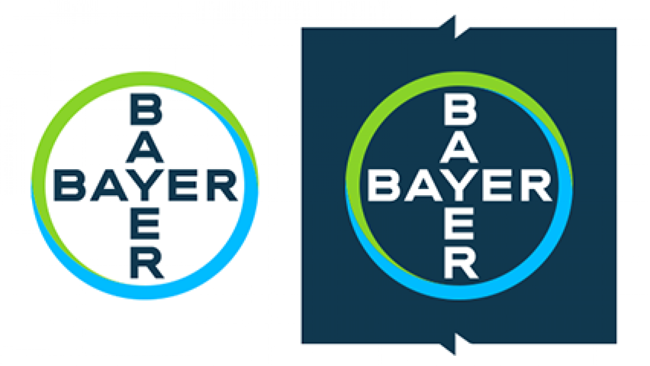 Bayer logos: one in a circular design with "BAYER" in a cross pattern, another similar version on a dark background.