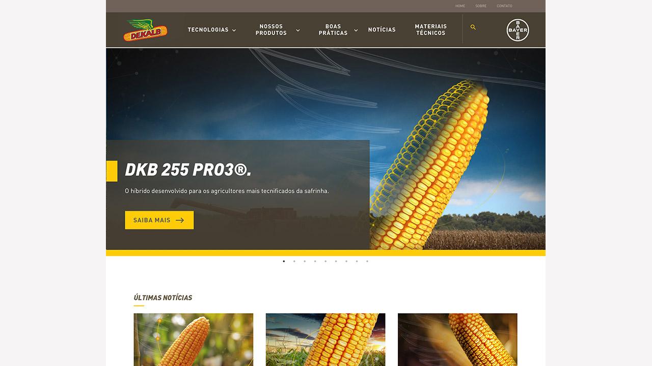 Website homepage featuring an image of corn, showcasing DKB 255 PRO3® hybrid corn. Navigation menu includes sections on technologies, products, and news.