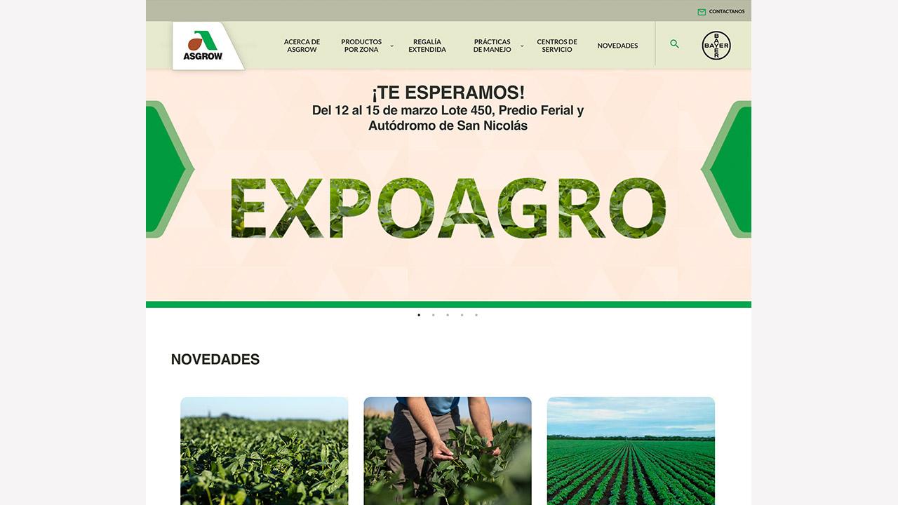 Expoagro event website with text about the exhibition dates and location. Includes images of crops and farming activities.