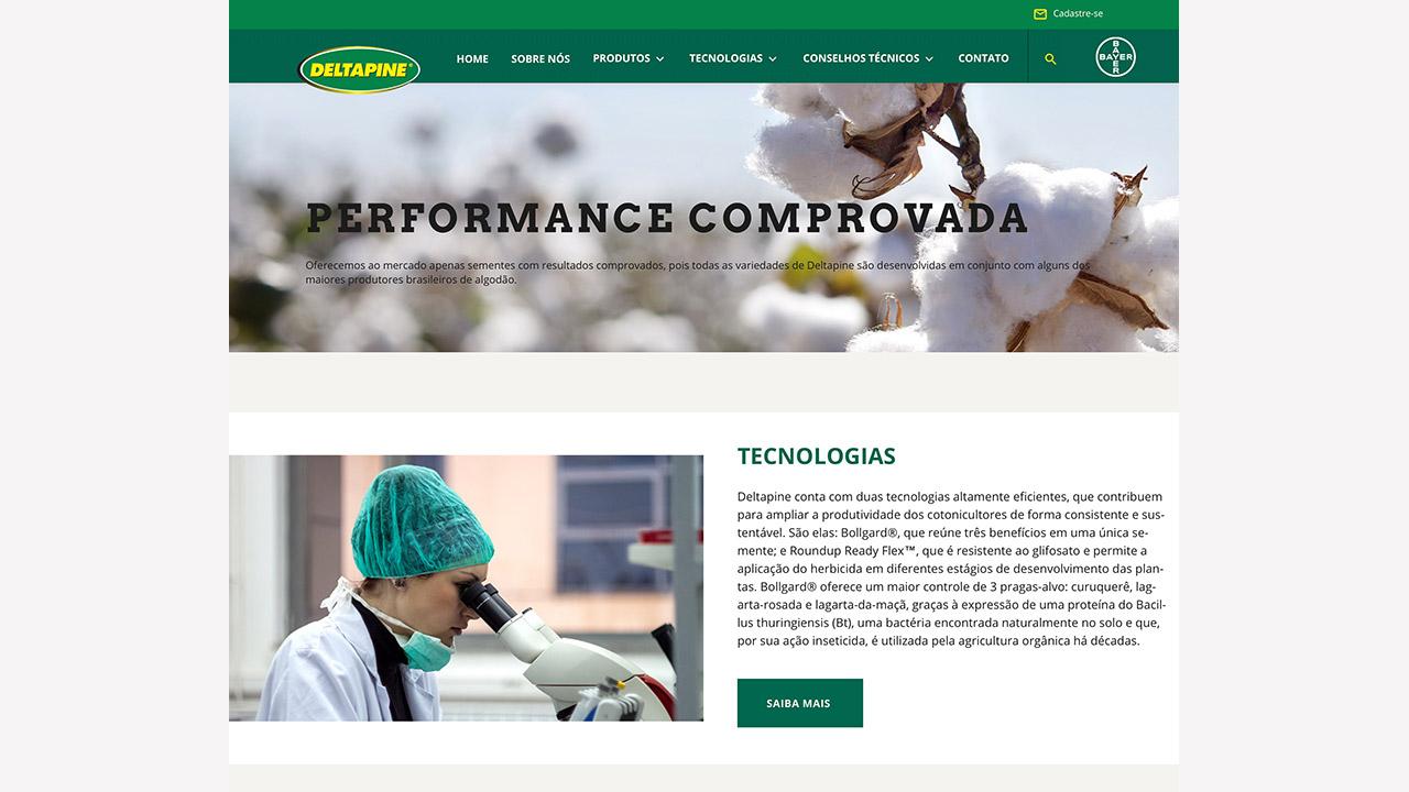 Webpage featuring cotton plants, a scientist using a microscope, and text about proven performance and technology.