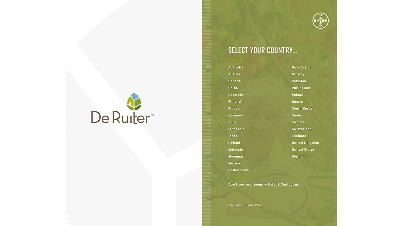 De Ruiter website country selection page with a list of countries including Australia, Brazil, China, India, United States, and others. Logo displayed on the left.